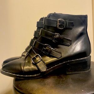 black leather strap boots